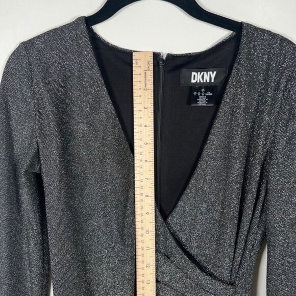 NWT DKNY Metallic-Knit Surplice Ruched Skirt Faux Wrap Mini Silhouette Dress Sz2 - Picture 10 of 16